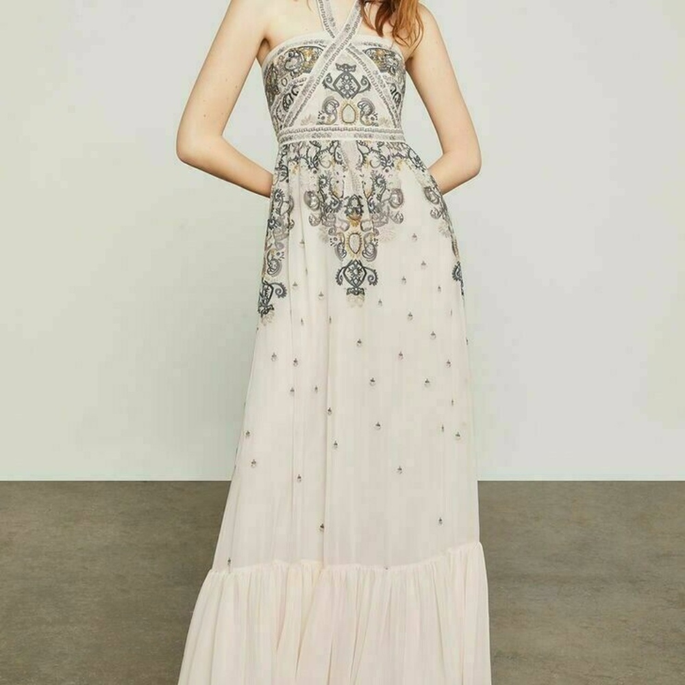 NWT BCBG Max Azria  Embroidered Halter Gown WHISPER